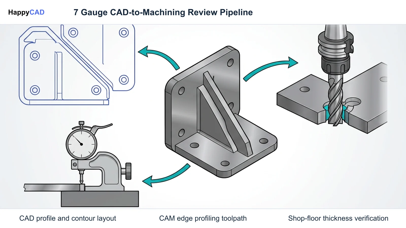 Central 3D steel bracket model connected by curved teal arrows to flat pattern contour, milling toolpath engagement, and thickness metrology check on a white background.
