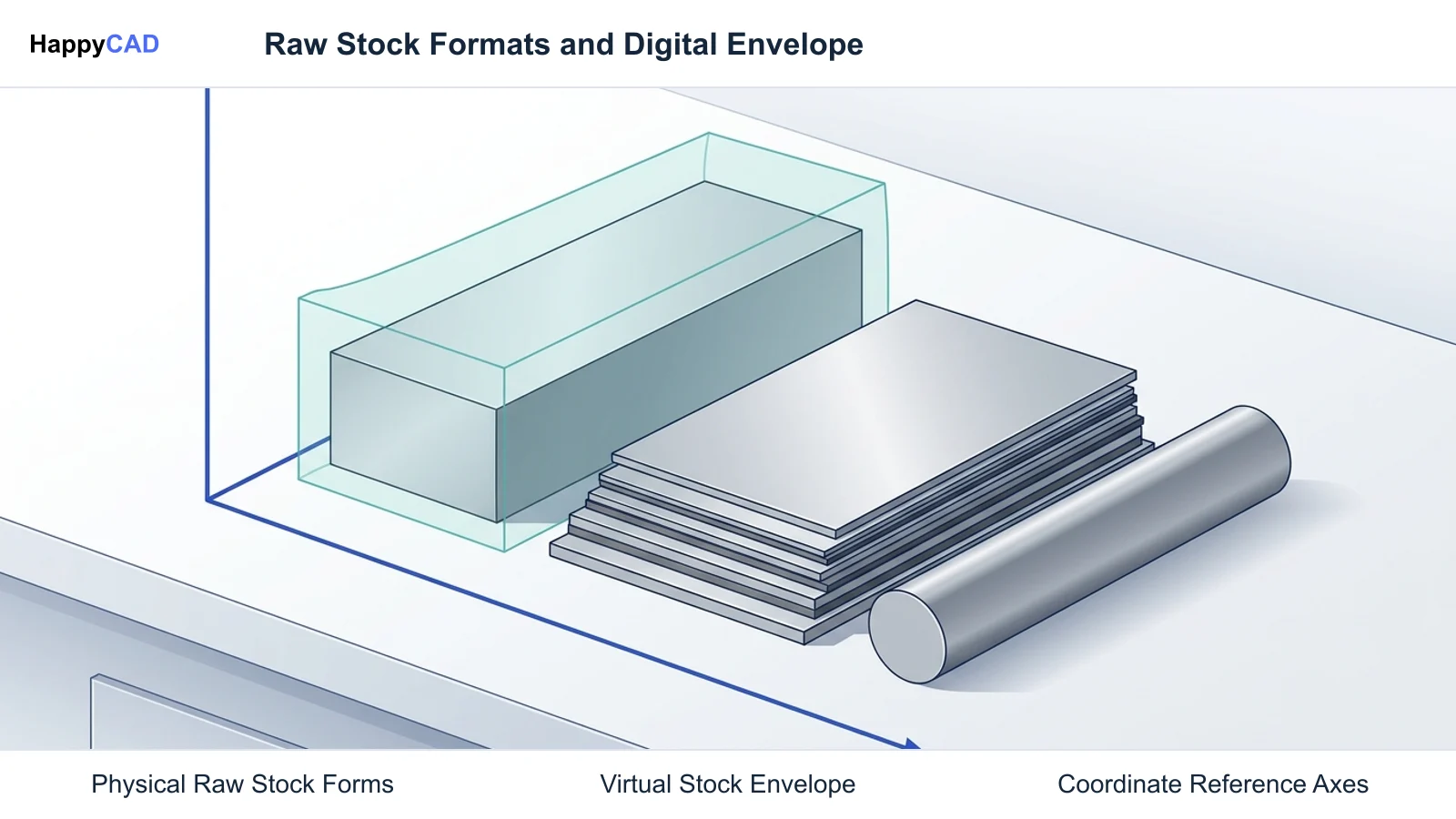 Rectangular aluminum billet, sheet metal stock, and round bar stock resting together, with a translucent teal bounding wireframe defining the CAM stock envelope.