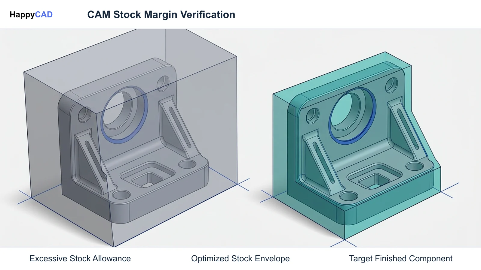 Mechanical bracket shown inside an oversized raw stock bounding box compared with a properly proportioned stock envelope with uniform machining allowance.