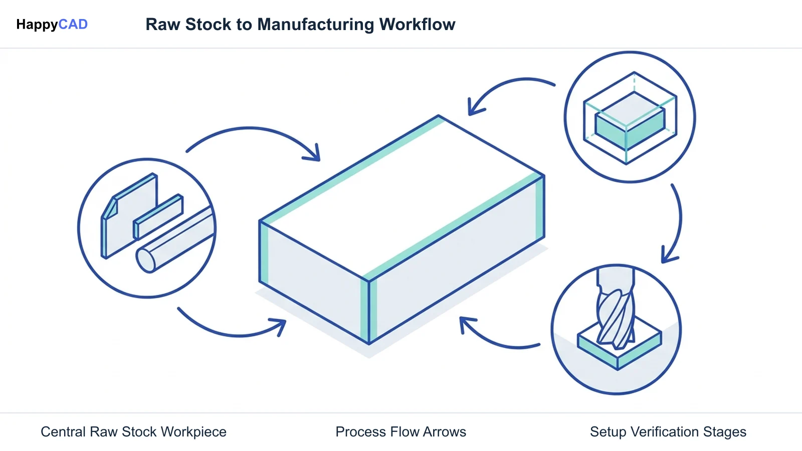 Large central metal raw block surrounded by circular task icons and curved directional arrows representing stock selection, digital envelope setup, and tool clearance.
