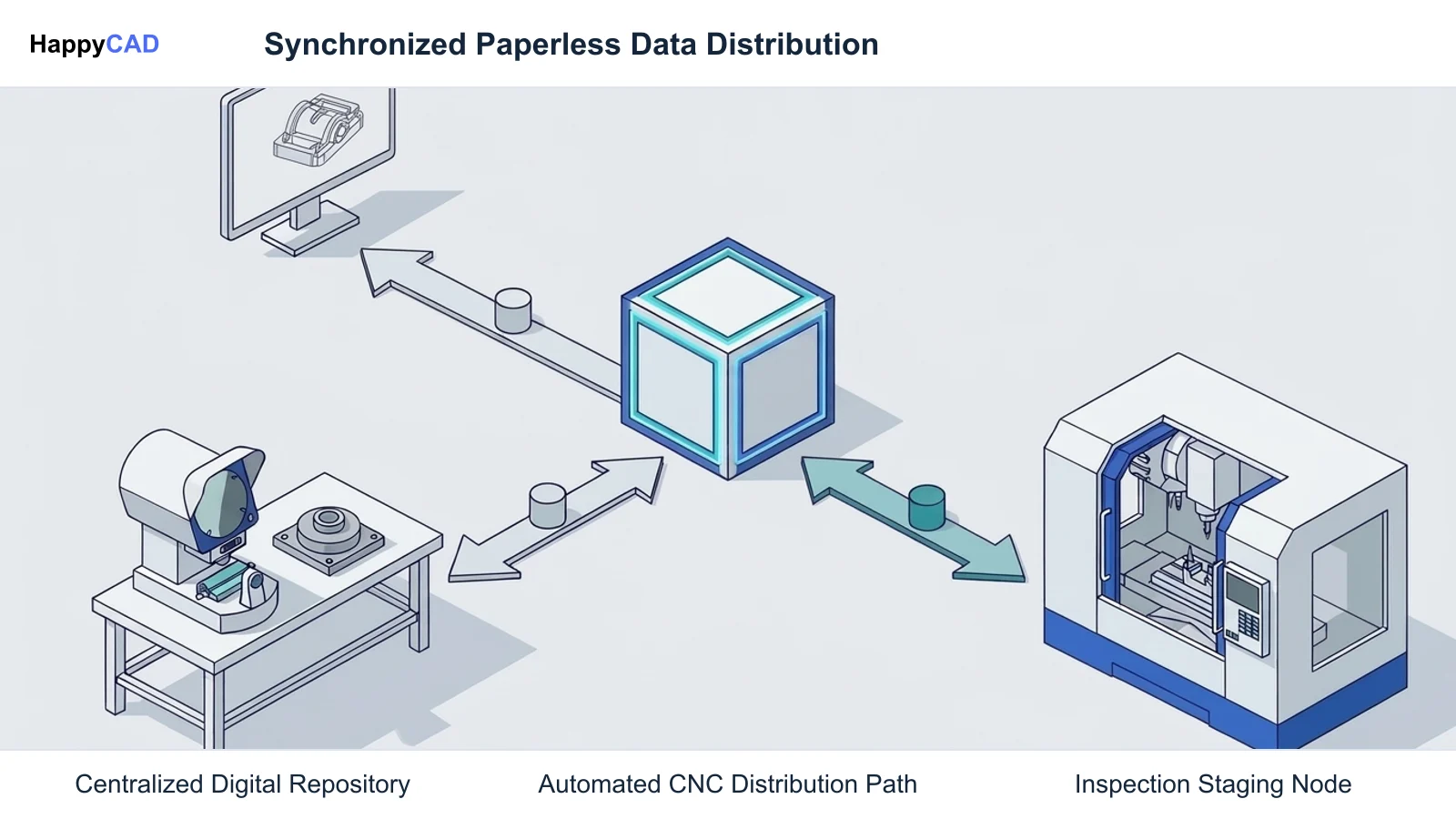 Diagram showing a central digital repository routing synchronized technical data paths to an engineering station, CNC machine, and inspection area.