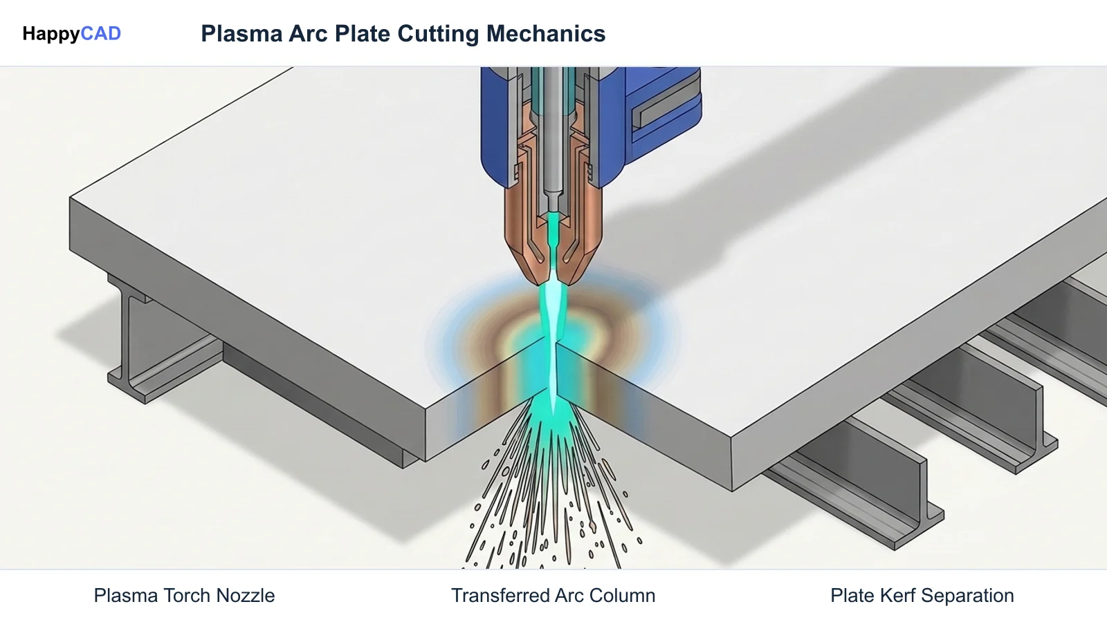 Cutaway view of a plasma cutting torch nozzle severing a heavy steel plate with an ionized arc stream, showing kerf separation and heat tint.