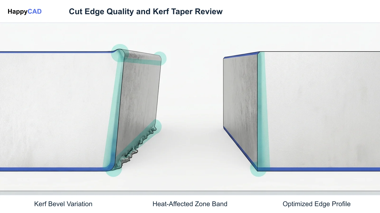 Side-by-side section view comparing an unoptimized plasma cut edge with excessive bevel taper against an optimized perpendicular cut edge profile.