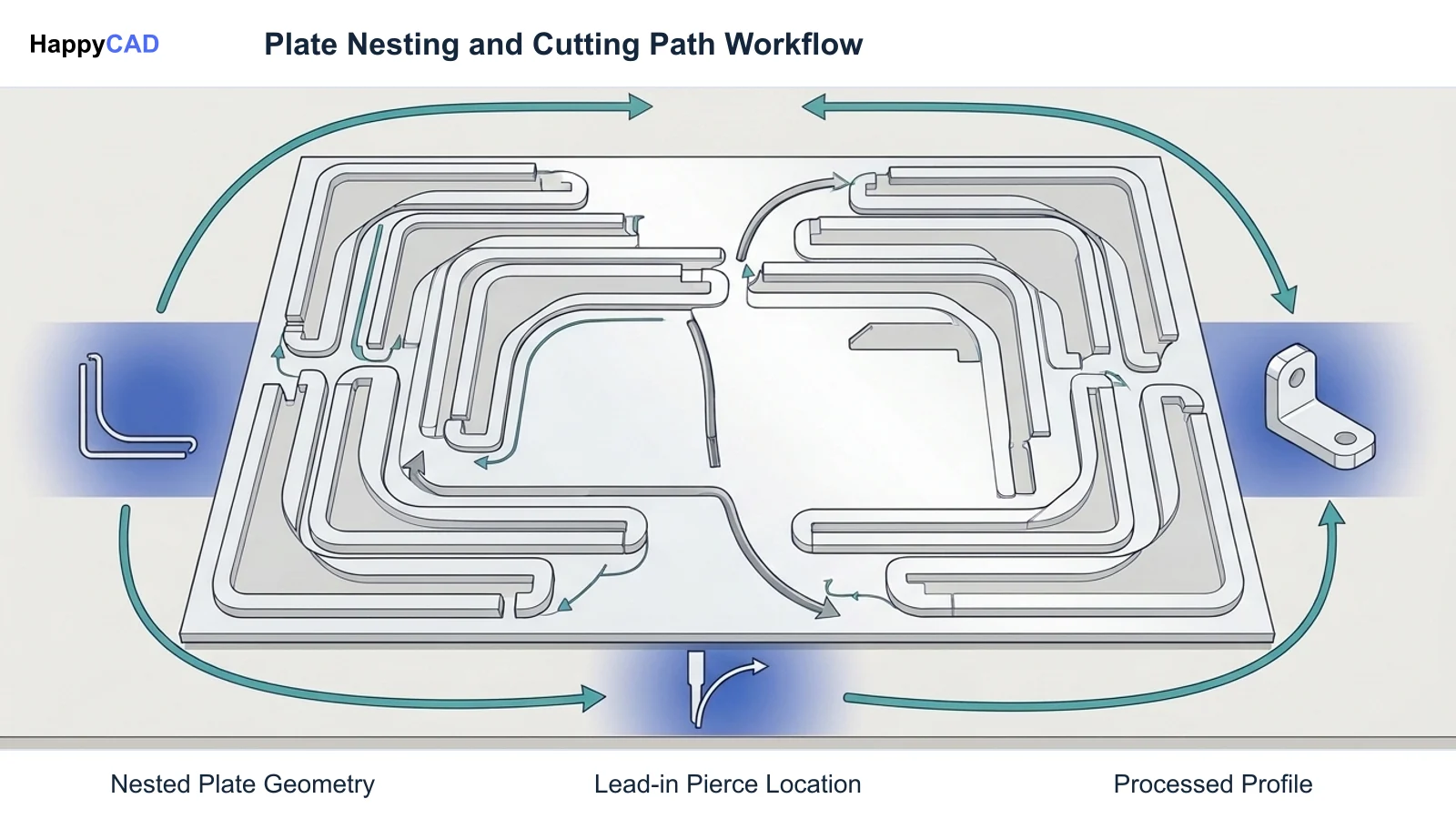 Central nested steel plate layout surrounded by directional arrows indicating CAD file prep, lead-in toolpath planning, and part separation.