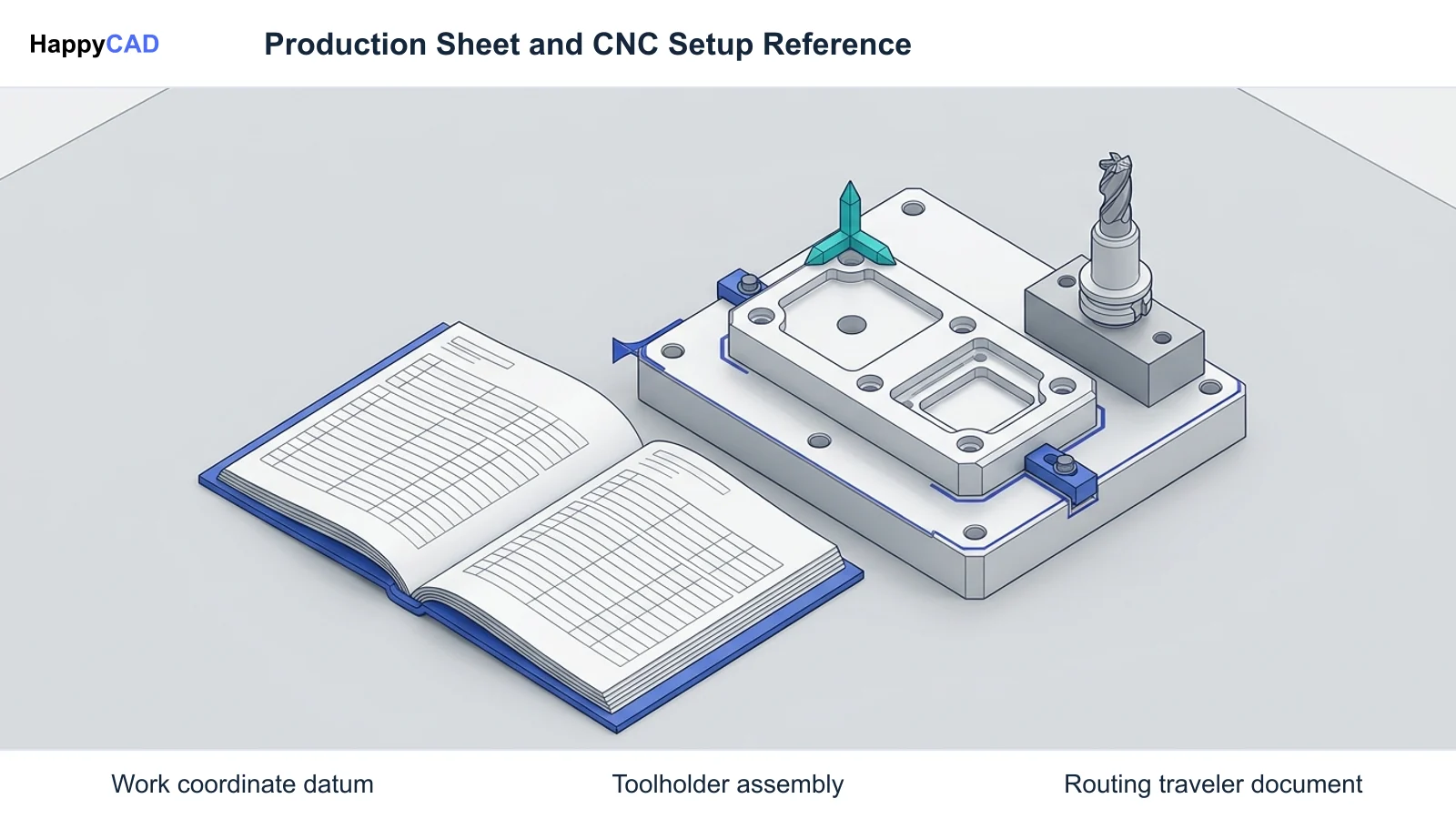 Isometric view of an open production traveler document beside a machined aluminum part on a fixture plate, with a toolholder and coordinate triad marking the setup datum.