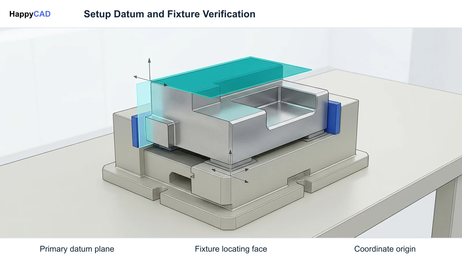 A machined steel component clamped in a machine vise with translucent teal datum reference planes highlighting the work coordinate system origin for setup verification.