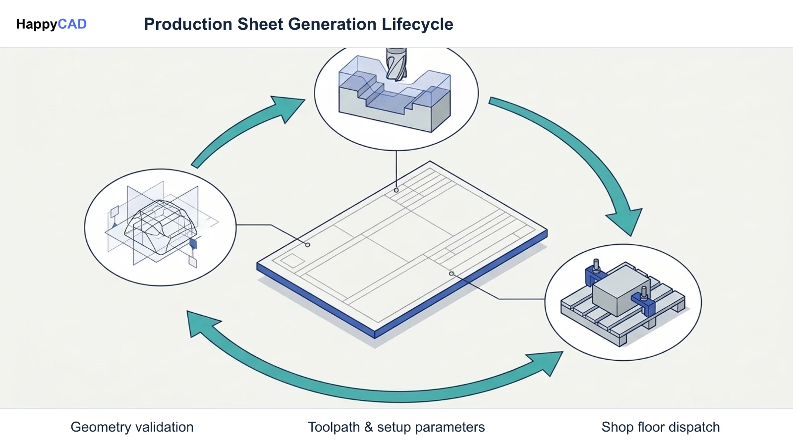 Central production sheet document surrounded by three circular workflow nodes showing CAD model validation, CAM tool clearance review, and shop floor dispatch fixturing.