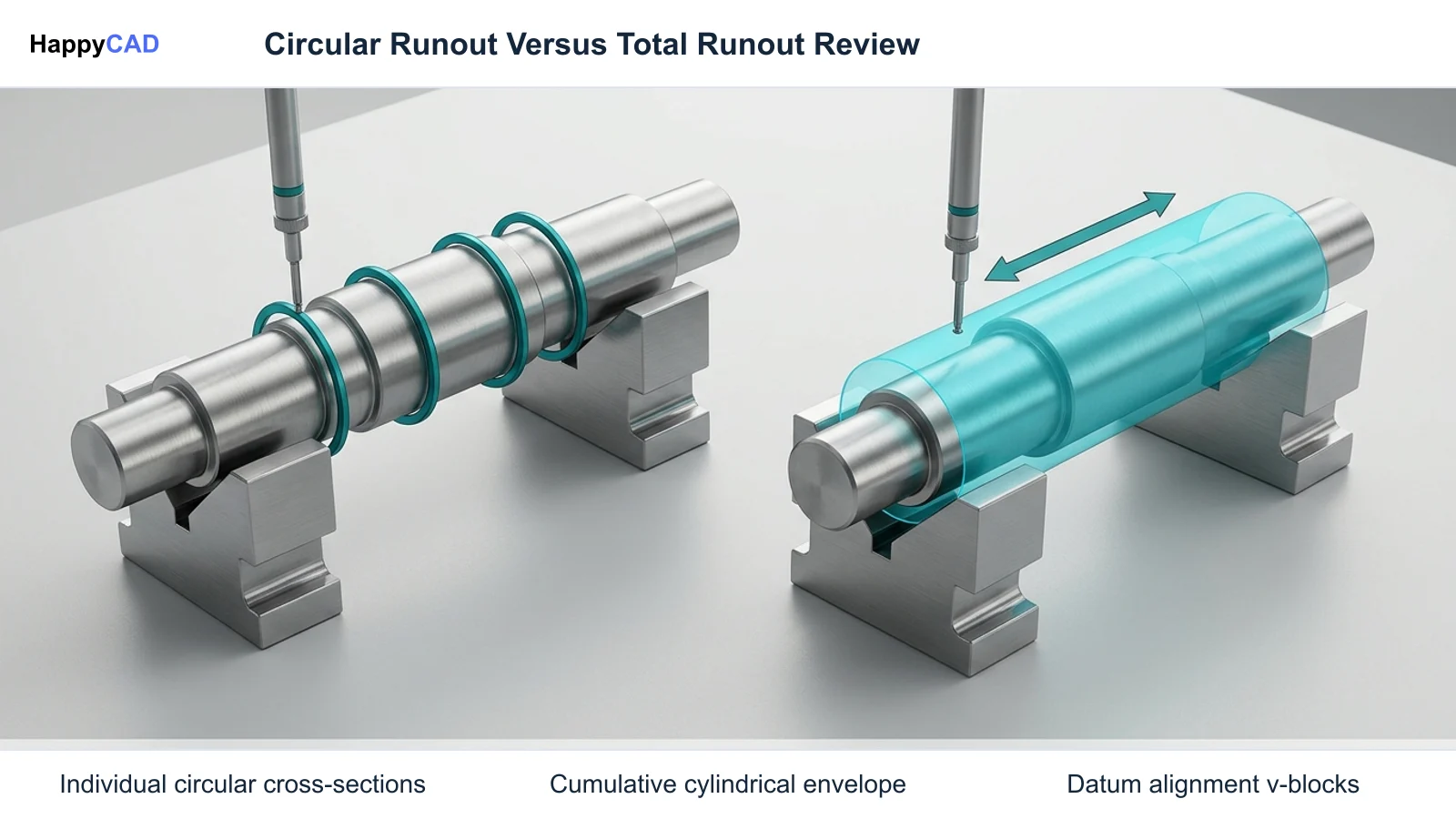 Two stepped shafts comparing circular slice measurement on the left to full cylindrical surface envelope evaluation on the right.