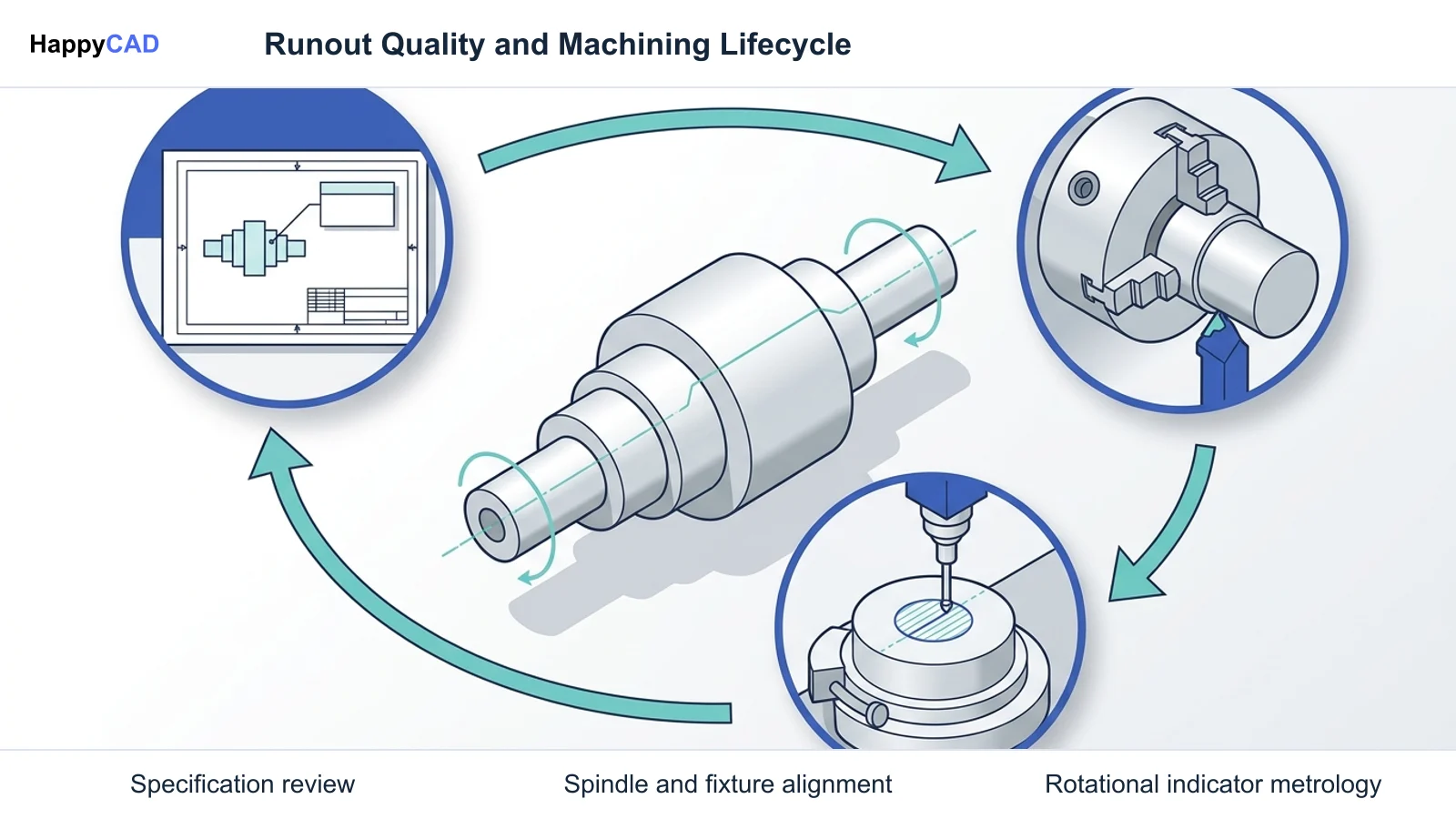 Central turned shaft surrounded by three circular workflow nodes representing drawing review, lathe machining, and metrology inspection.