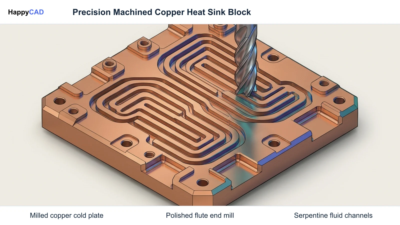 Isometric view of a precision-milled copper cold plate featuring serpentine liquid cooling channels and polished mounting faces on a light background.