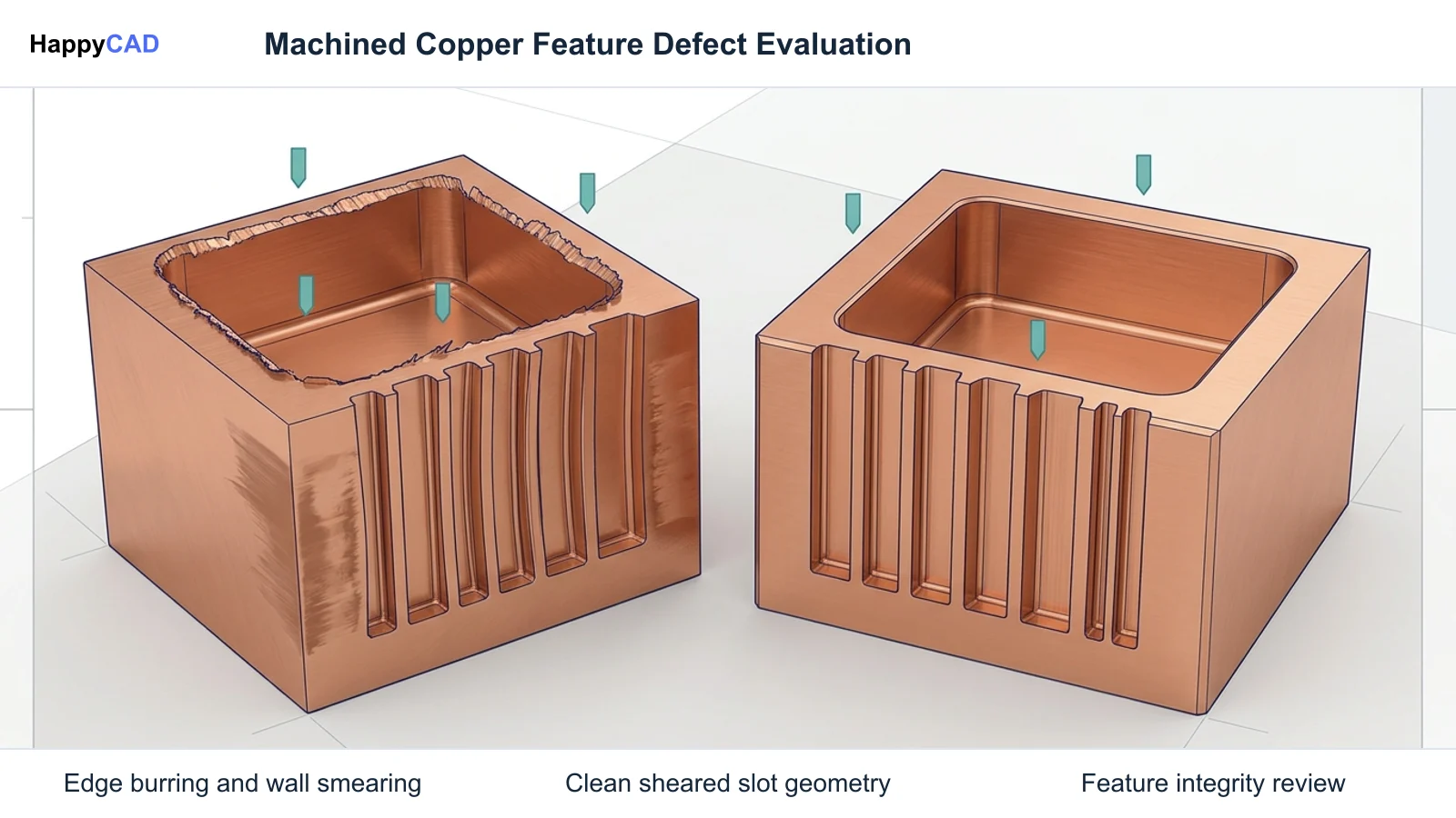 Side-by-side comparison of copper slot milling showing edge burrs and wall deflection next to clean, burr-free milled geometry on a light backdrop.