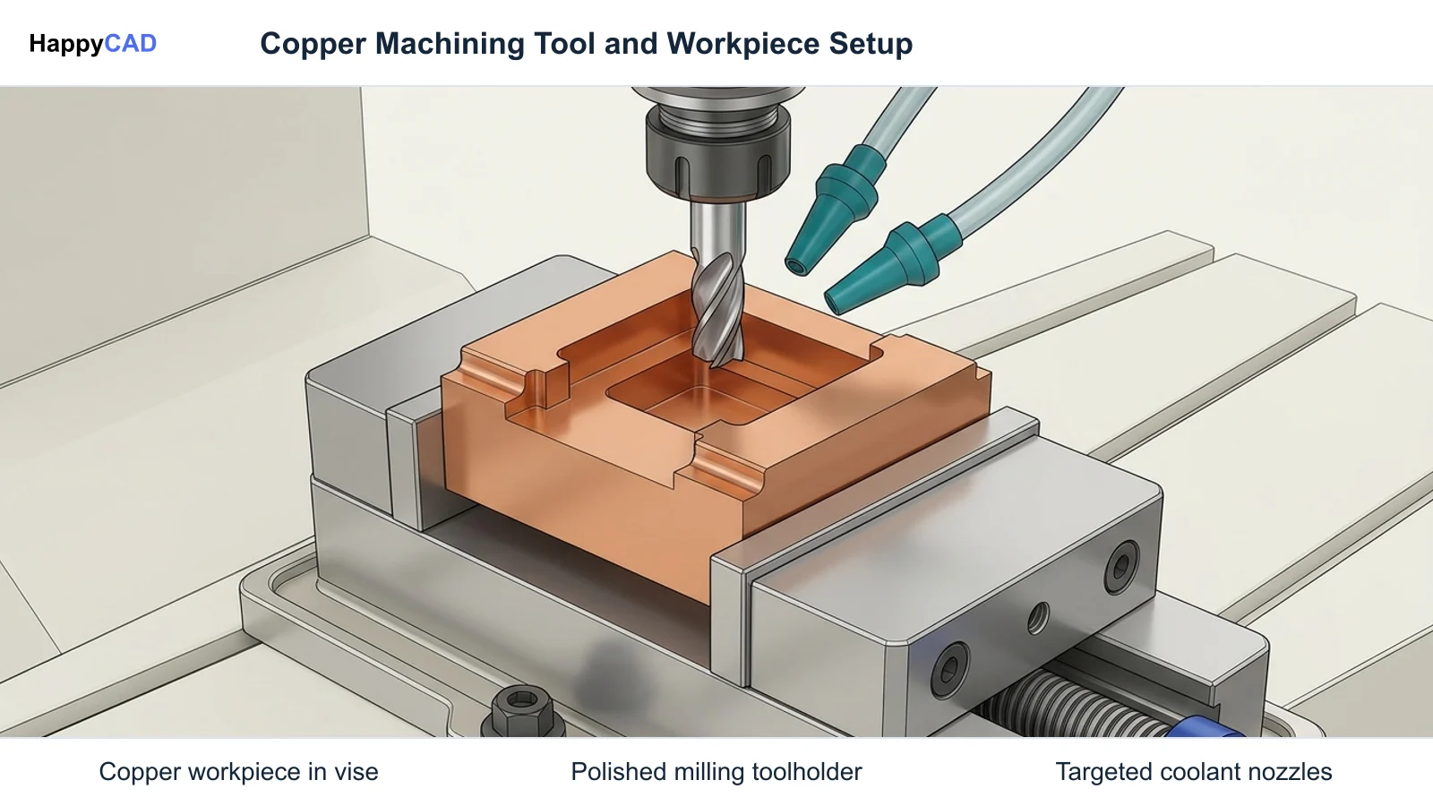 Machining setup featuring a copper block clamped in a vise beneath a polished end mill with dual coolant nozzles on an off-white background.