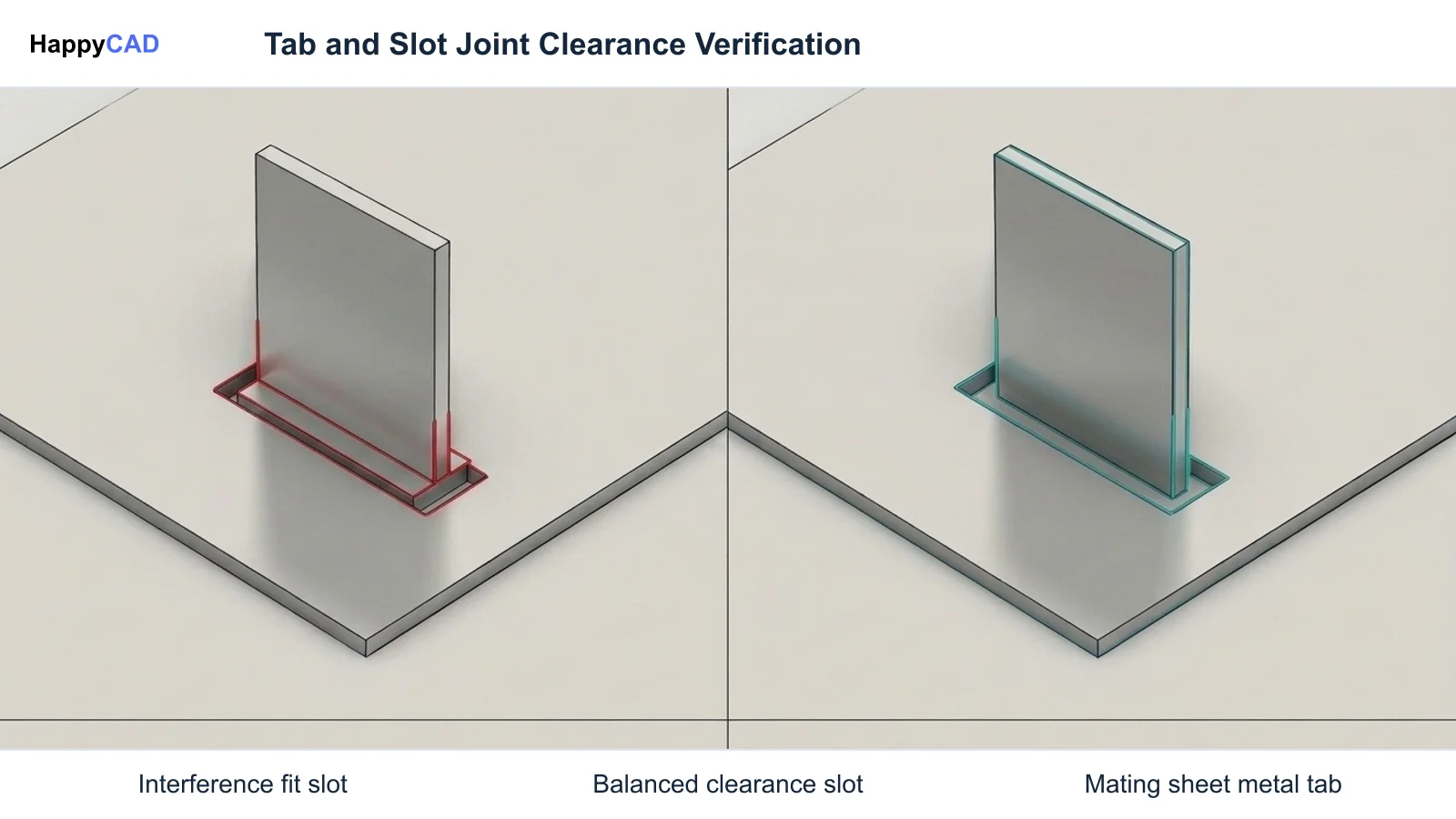 Side-by-side comparison of sheet metal tab and slot joints showing slot binding on the left and balanced decimal clearance on the right on a light surface.
