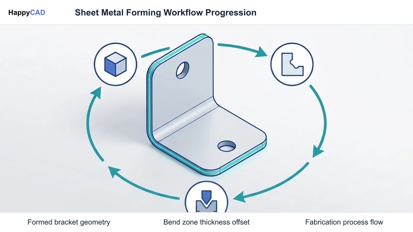 Single formed sheet metal bracket surrounded by conceptual workflow icons showing design, laser cutting, and press brake forming on a light surface.